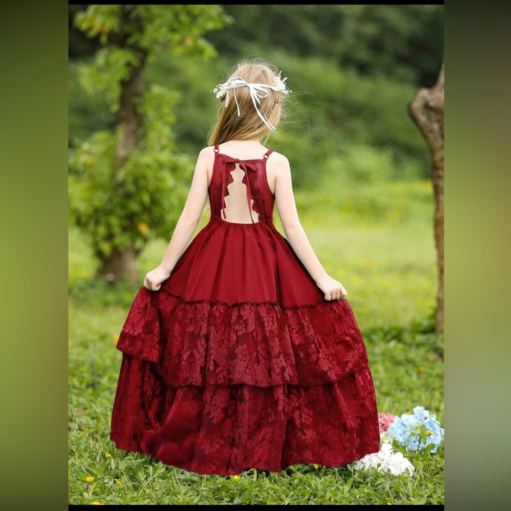 Tween Girls' Wine Red Lace Dress With Open Back Design (Formal Occasions/Party)